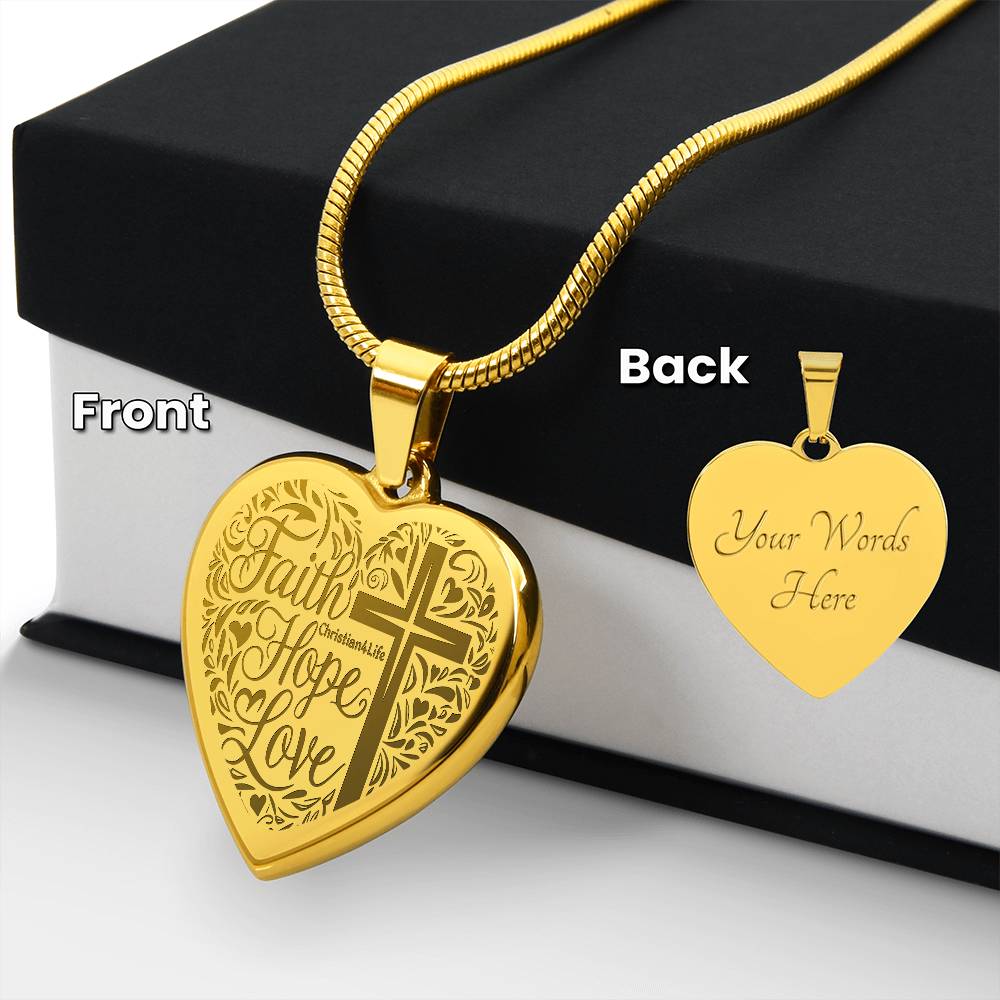 Engraved Faith Hope Love Heart Necklace (with personalized message) - Jewelry