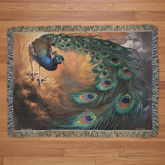 Peacock Heirloom Woven Blanket - Tapestry Decorative art print - a vibrant and elegant statement Peacock art piece