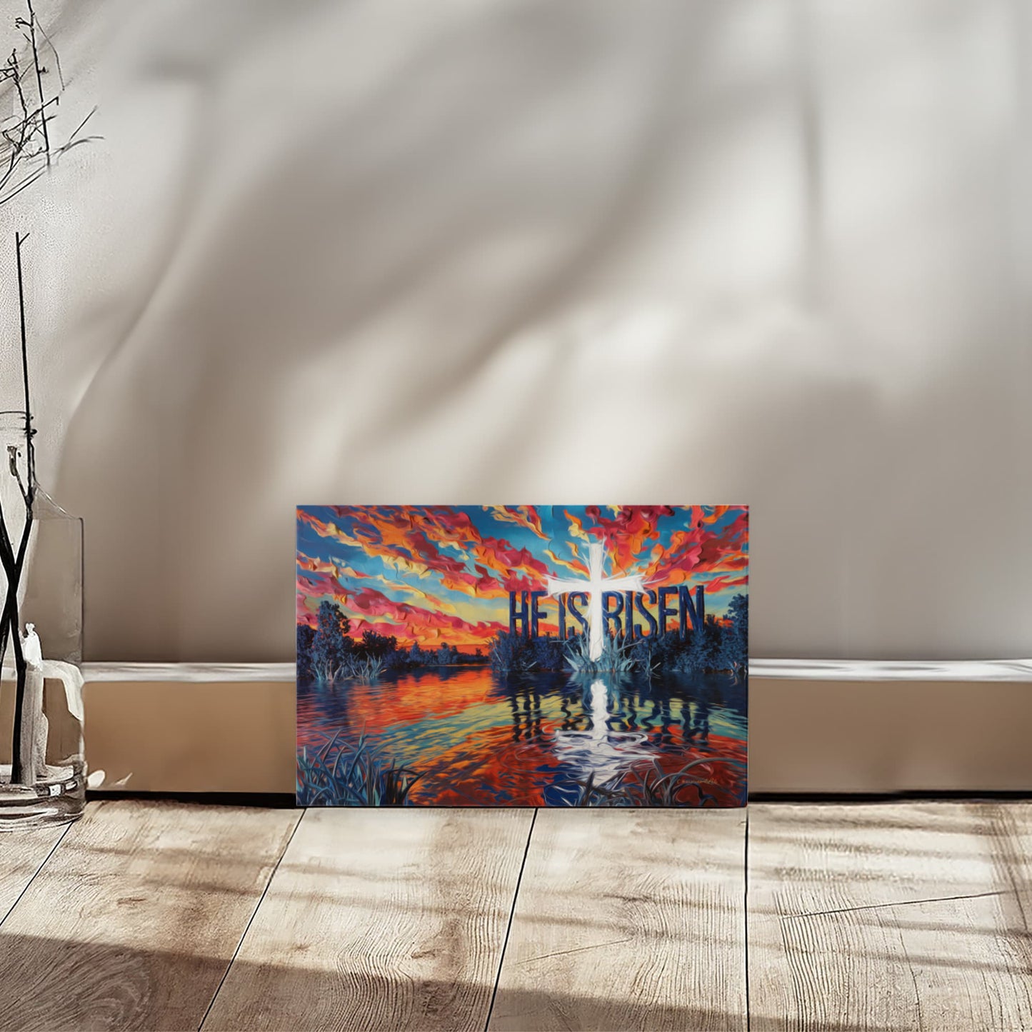 "He Is Risen" - Serene Lake Sunrise Scene with Cross Christian Gallery-Wrapped Canvas