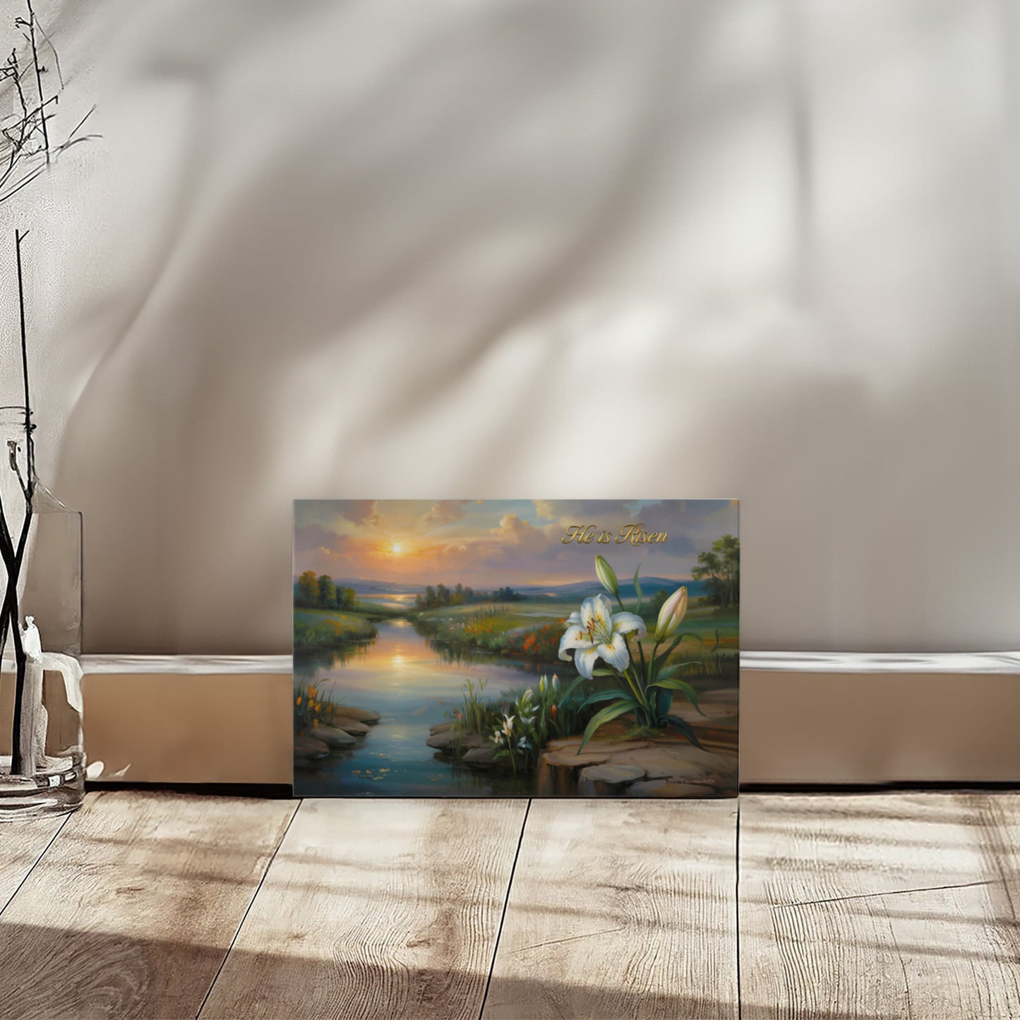 "He is Risen" - A serene sunrise landscape and lilies. Christian Easter wall art, Gallery wrapped Canvas