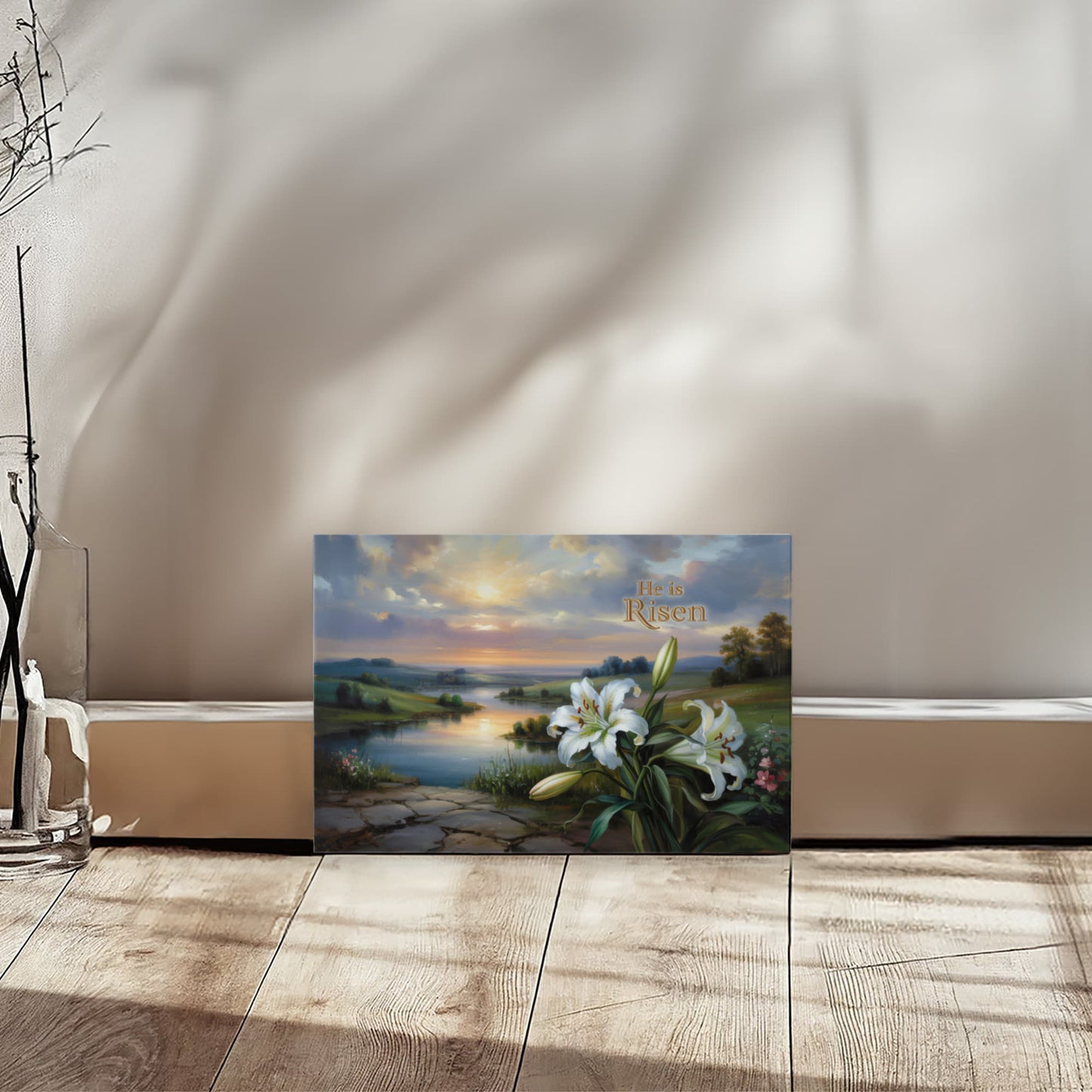 "He is Risen" - A serene sunrise landscape and lilies. Christian Easter wall art, Gallery wrapped Canvas Print