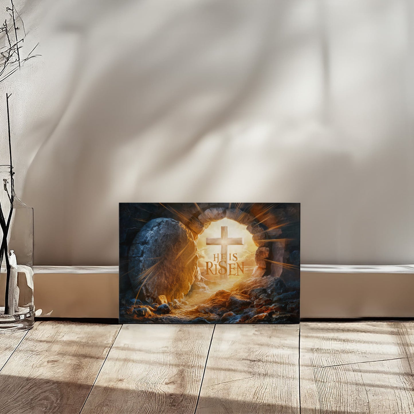 "He is Risen" -Open Tomb and Cross, Christian Gallery Wrapped Canvas, Easter Wall Art