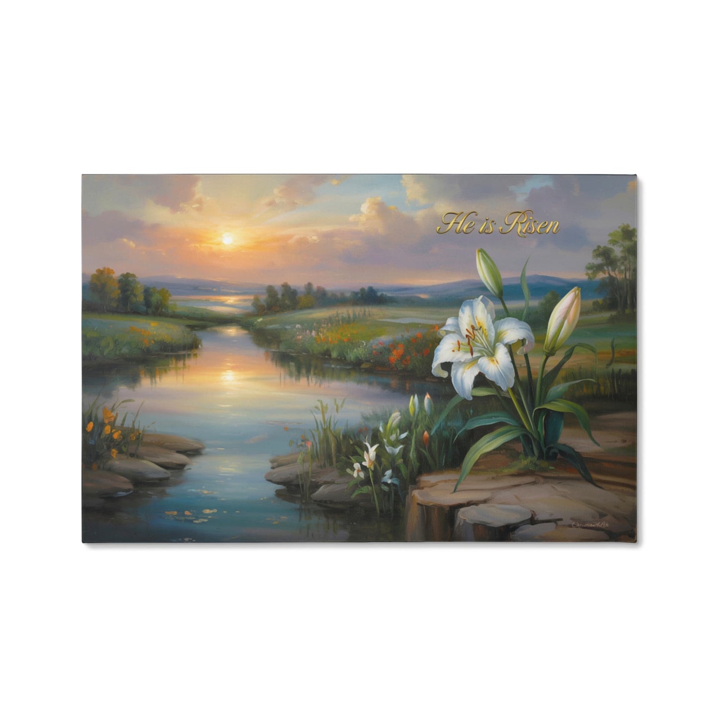 "He is Risen" - A serene sunrise landscape and lilies. Christian Easter wall art, Gallery wrapped Canvas
