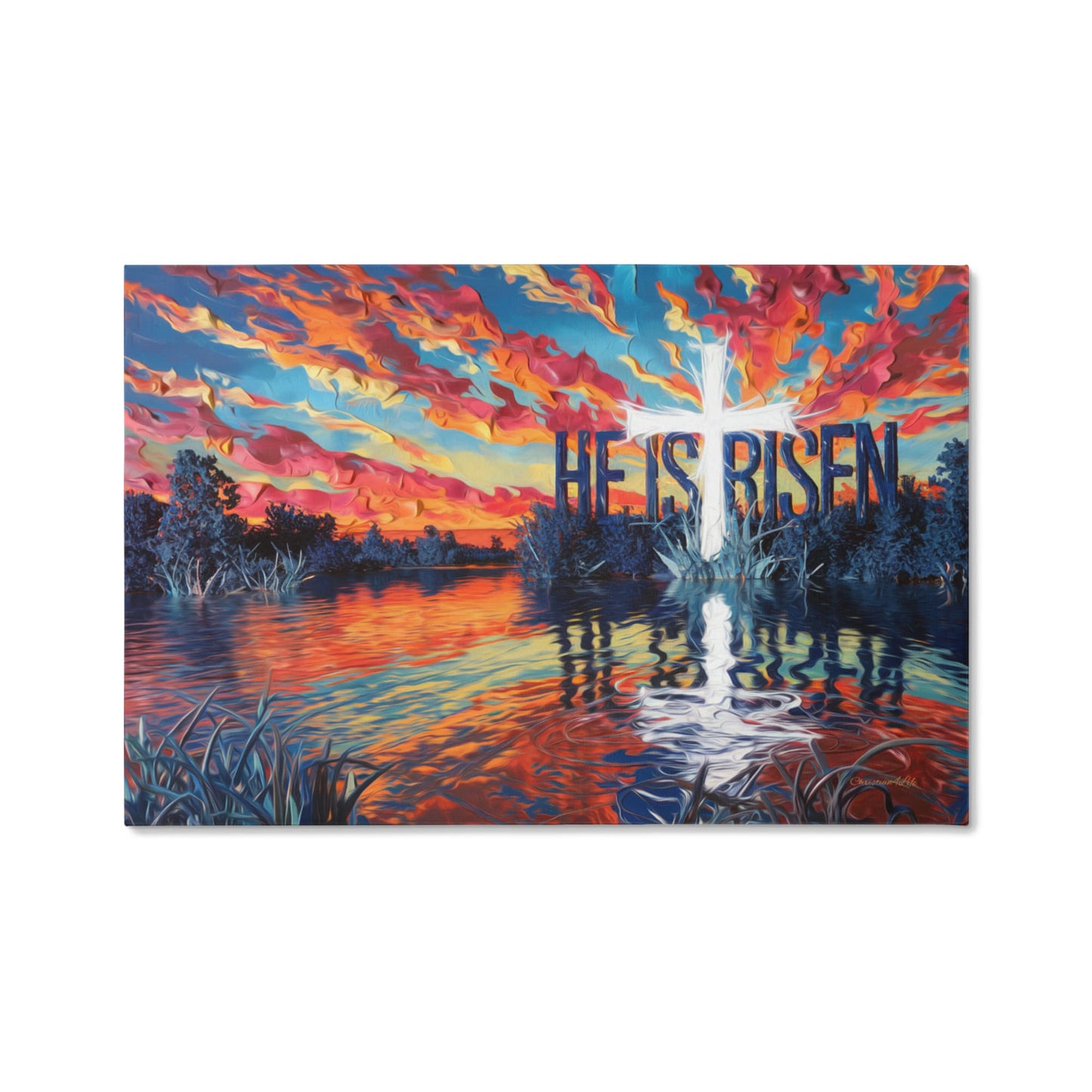 "He Is Risen" - Serene Lake Sunrise Scene with Cross Christian Gallery-Wrapped Canvas