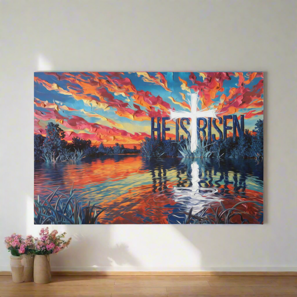 "He Is Risen" - Serene Lake Sunrise Scene with Cross Christian Gallery-Wrapped Canvas