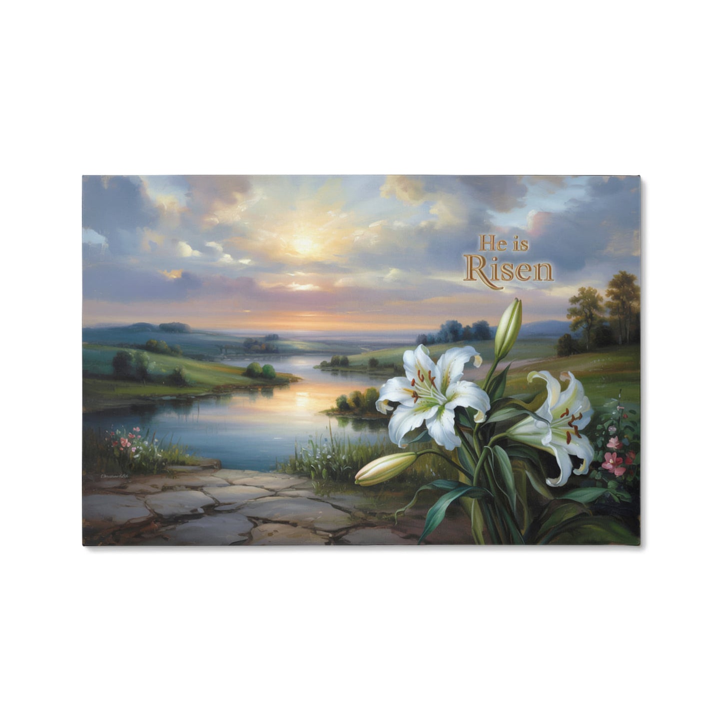 "He is Risen" - A serene sunrise landscape and lilies. Christian Easter wall art, Gallery wrapped Canvas Print