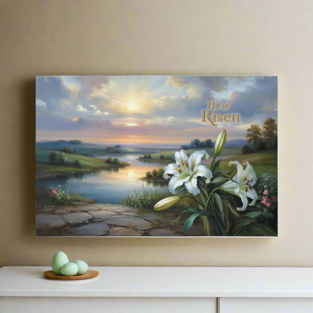 "He is Risen" - A serene sunrise landscape and lilies. Christian Easter wall art, Gallery wrapped Canvas Print
