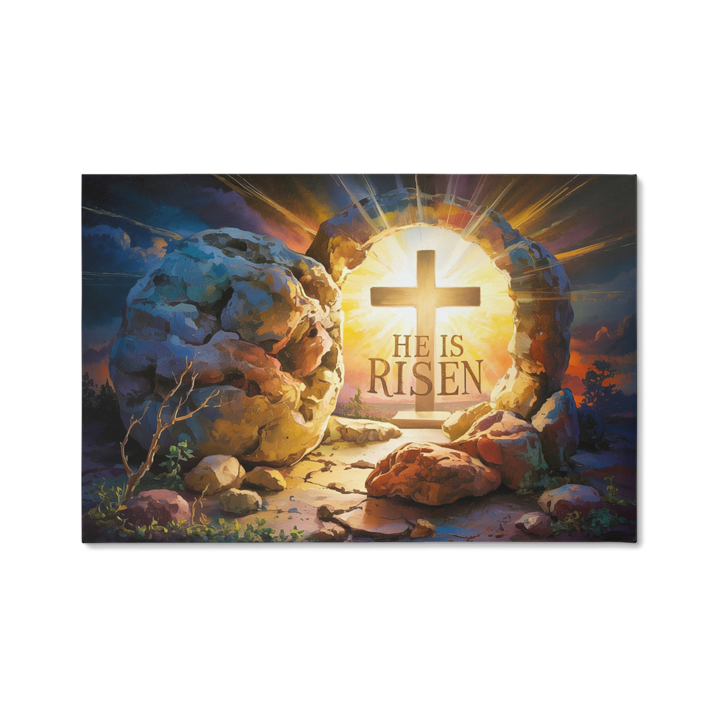 "He is Risen" - Open Tomb and Cross, Christian Gallery Wrapped Canvas, Easter Wall Art Print