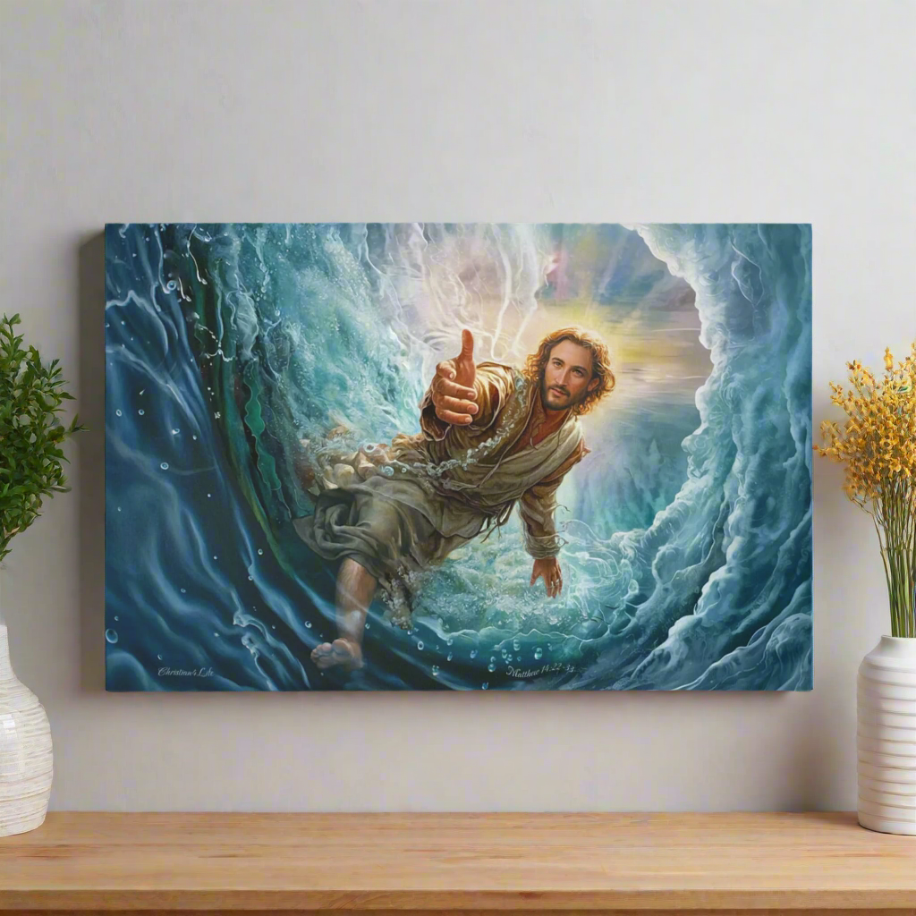 Jesus Reaches Down to Rescue and Lift You Out of the Water - Christian Gallery Wrapped Canvas Wall Art Print