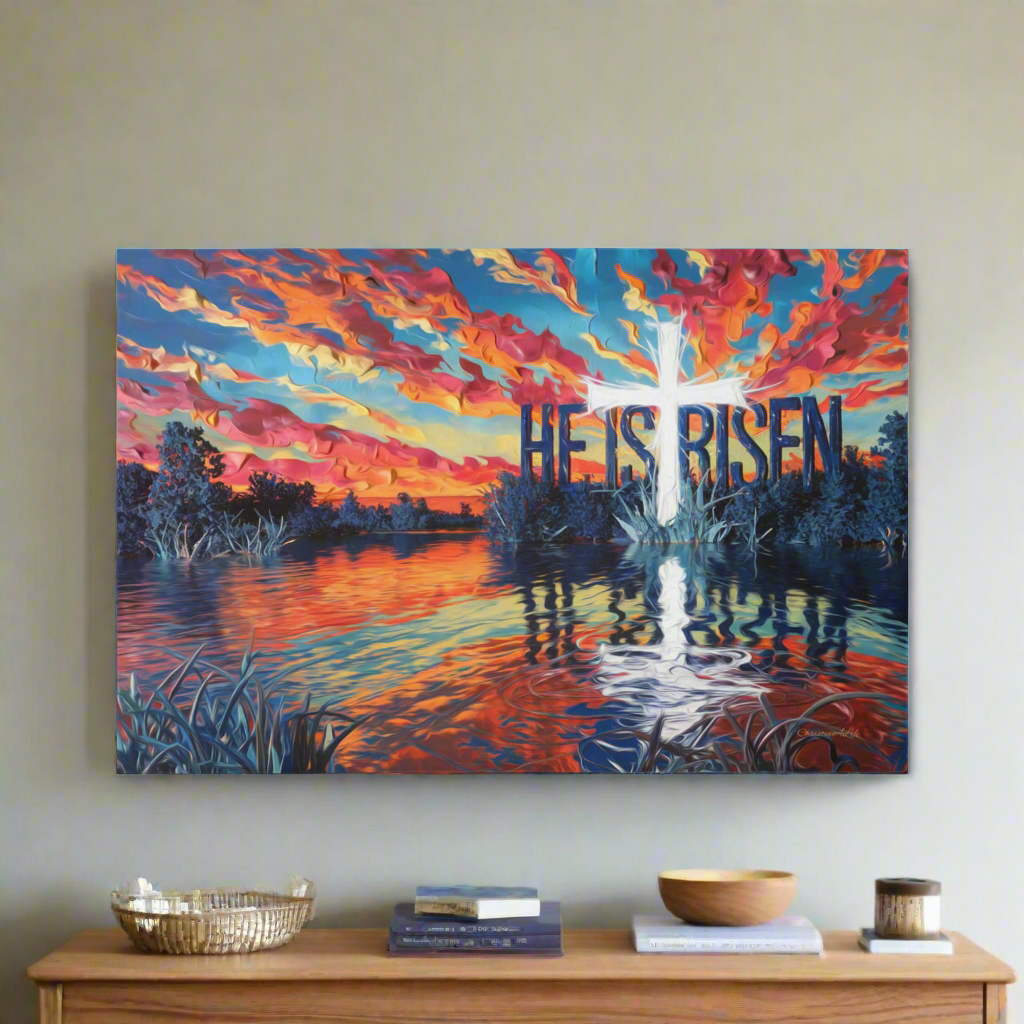 "He Is Risen" - Serene Lake Sunrise Scene with Cross Christian Gallery-Wrapped Canvas