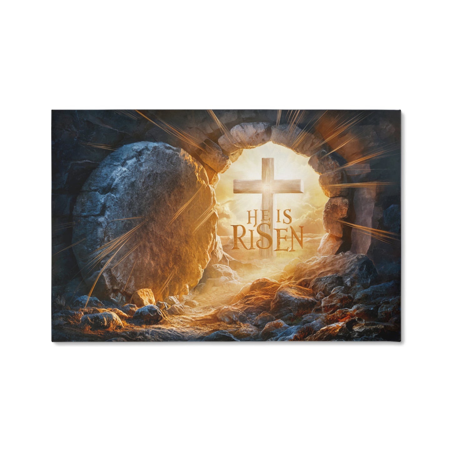 "He is Risen" -Open Tomb and Cross, Christian Gallery Wrapped Canvas, Easter Wall Art