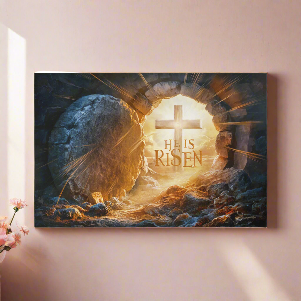 "He is Risen" -Open Tomb and Cross, Christian Gallery Wrapped Canvas, Easter Wall Art