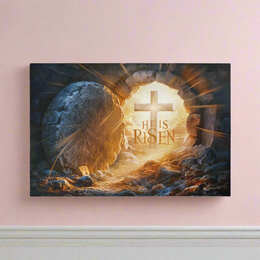 "He is Risen" -Open Tomb and Cross, Christian Gallery Wrapped Canvas, Easter Wall Art