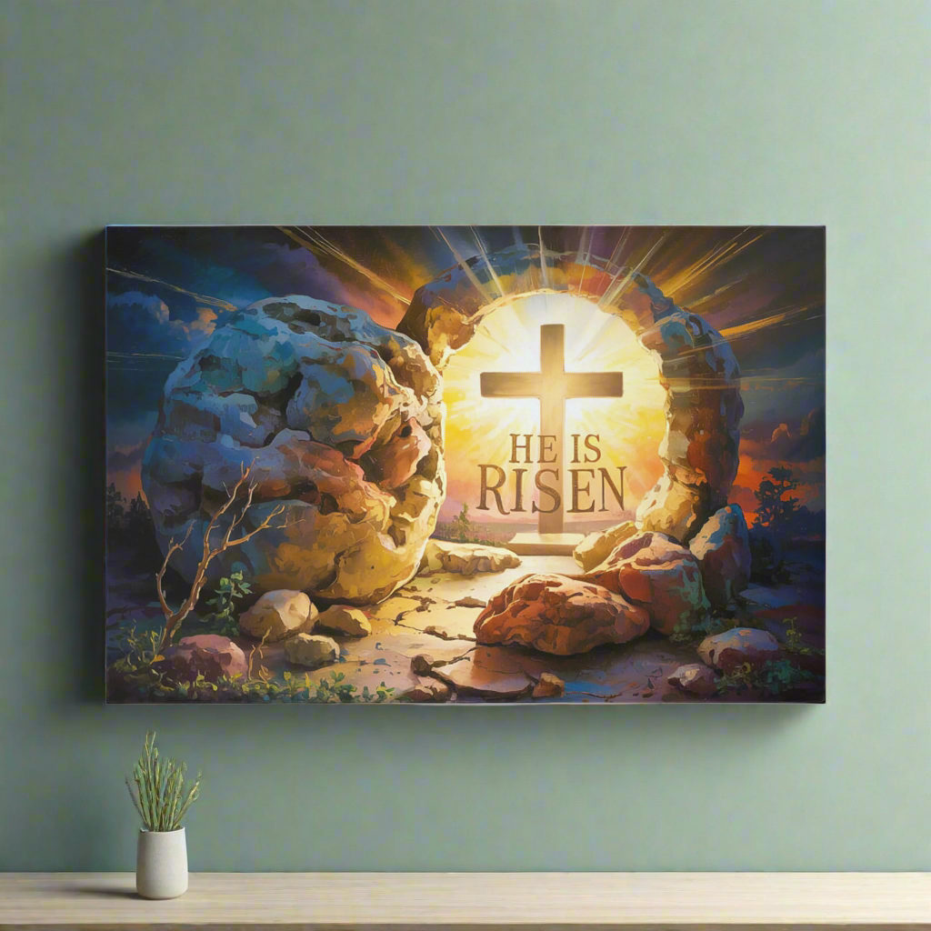 "He is Risen" - Open Tomb and Cross, Christian Gallery Wrapped Canvas, Easter Wall Art Print