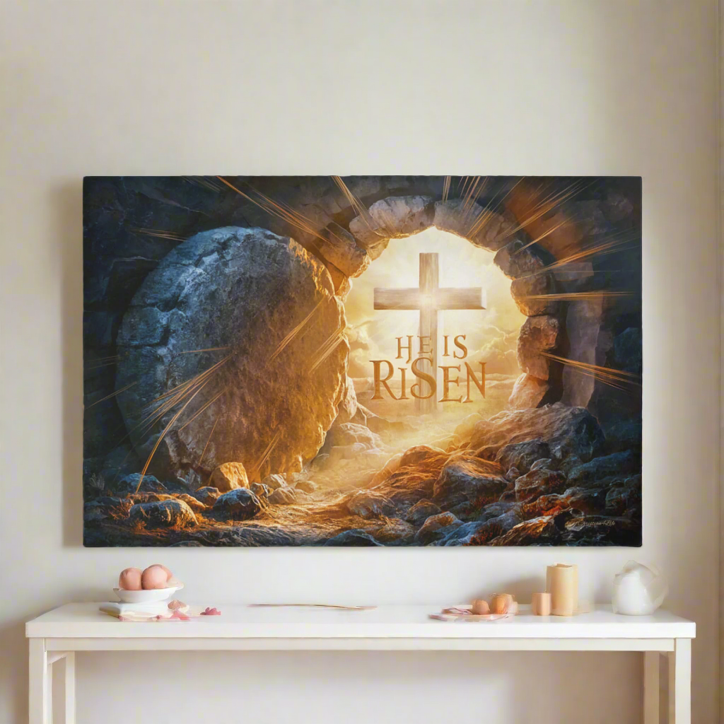 "He is Risen" -Open Tomb and Cross, Christian Gallery Wrapped Canvas, Easter Wall Art