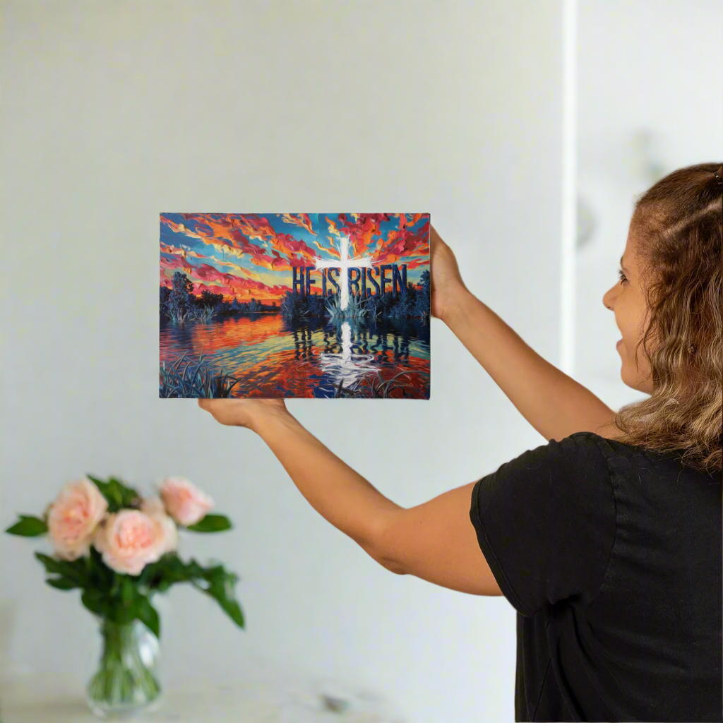 "He Is Risen" - Serene Lake Sunrise Scene with Cross Christian Gallery-Wrapped Canvas