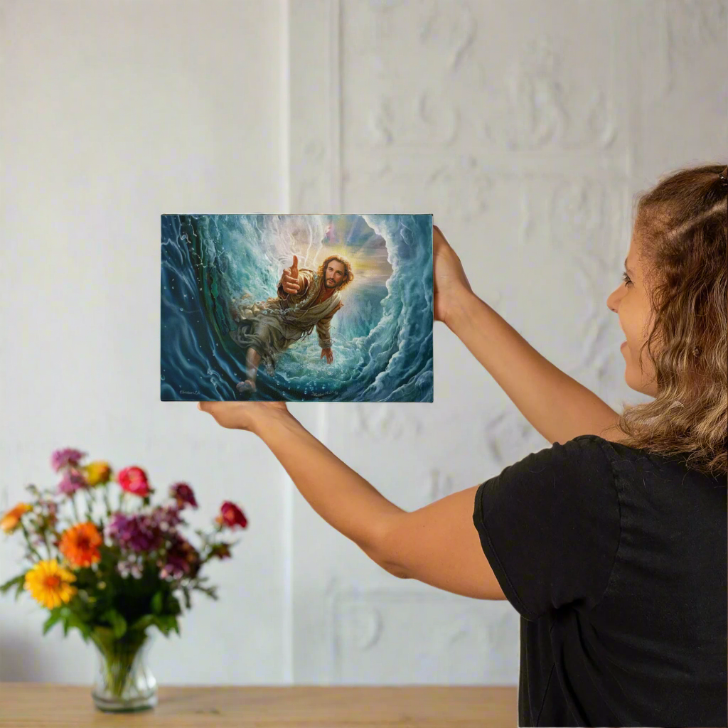 Jesus Reaches Down to Rescue and Lift You Out of the Water - Christian Gallery Wrapped Canvas Wall Art Print