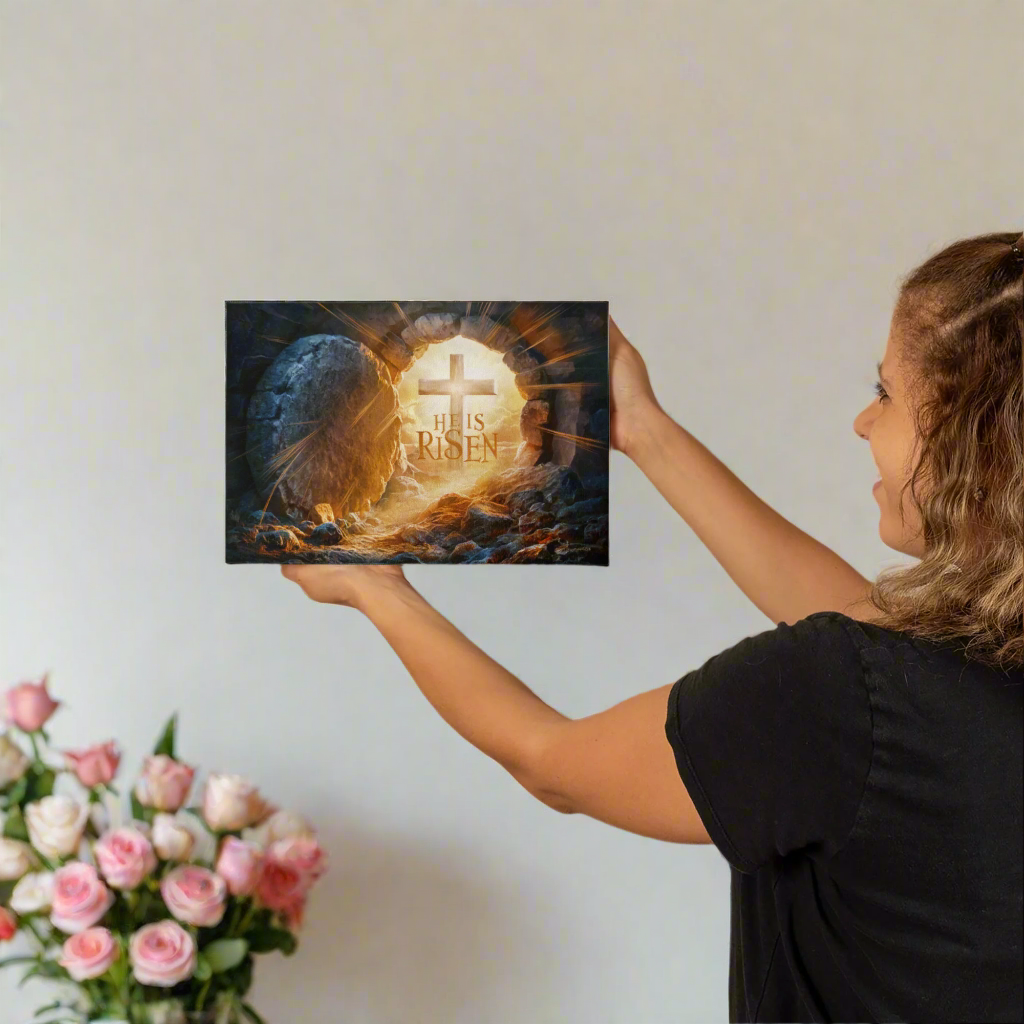 "He is Risen" -Open Tomb and Cross, Christian Gallery Wrapped Canvas, Easter Wall Art