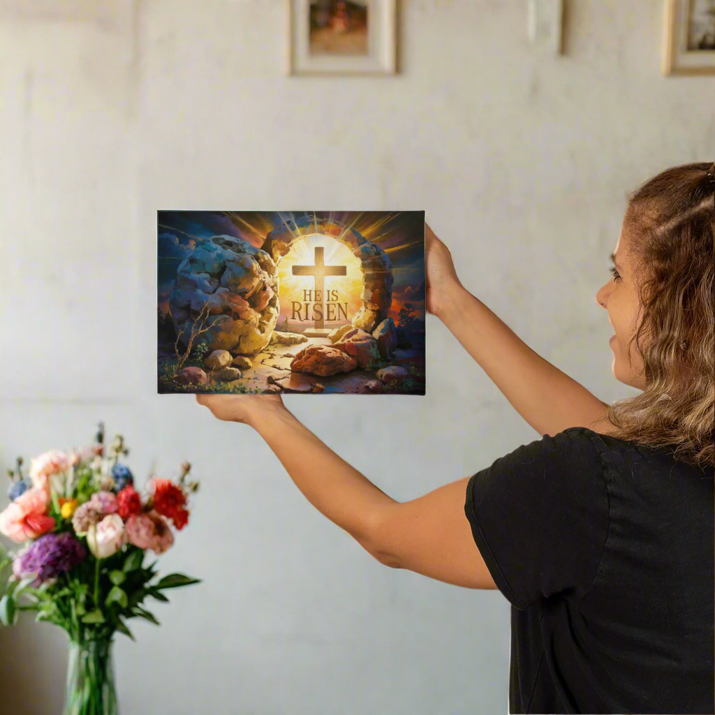 "He is Risen" - Open Tomb and Cross, Christian Gallery Wrapped Canvas, Easter Wall Art Print
