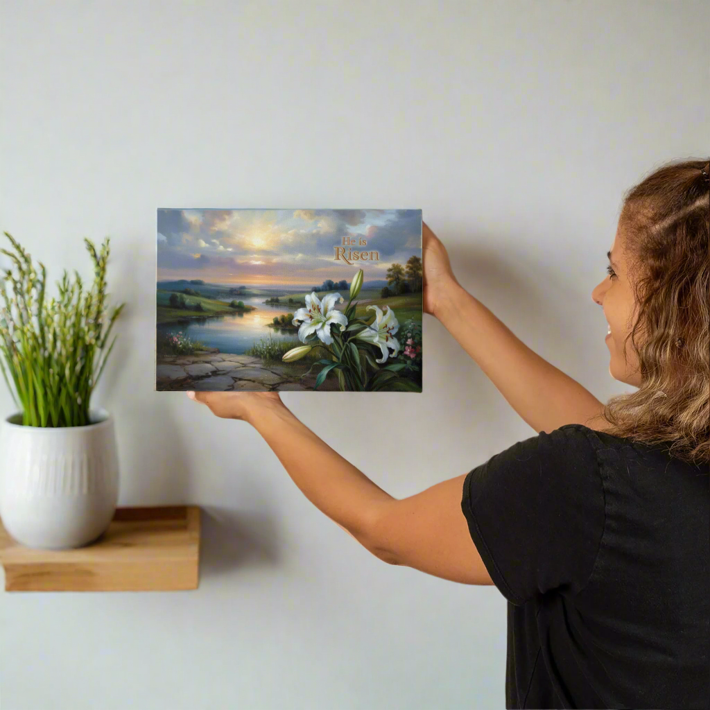 "He is Risen" - A serene sunrise landscape and lilies. Christian Easter wall art, Gallery wrapped Canvas Print