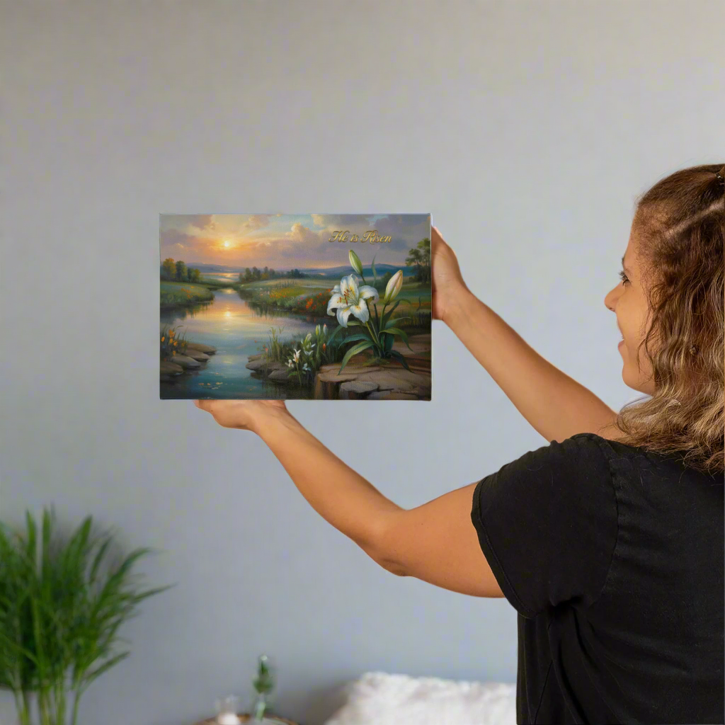 "He is Risen" - A serene sunrise landscape and lilies. Christian Easter wall art, Gallery wrapped Canvas