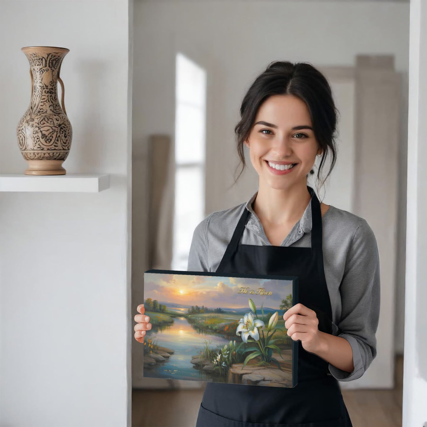 "He is Risen" - A serene sunrise landscape and lilies. Christian Easter wall art, Gallery wrapped Canvas