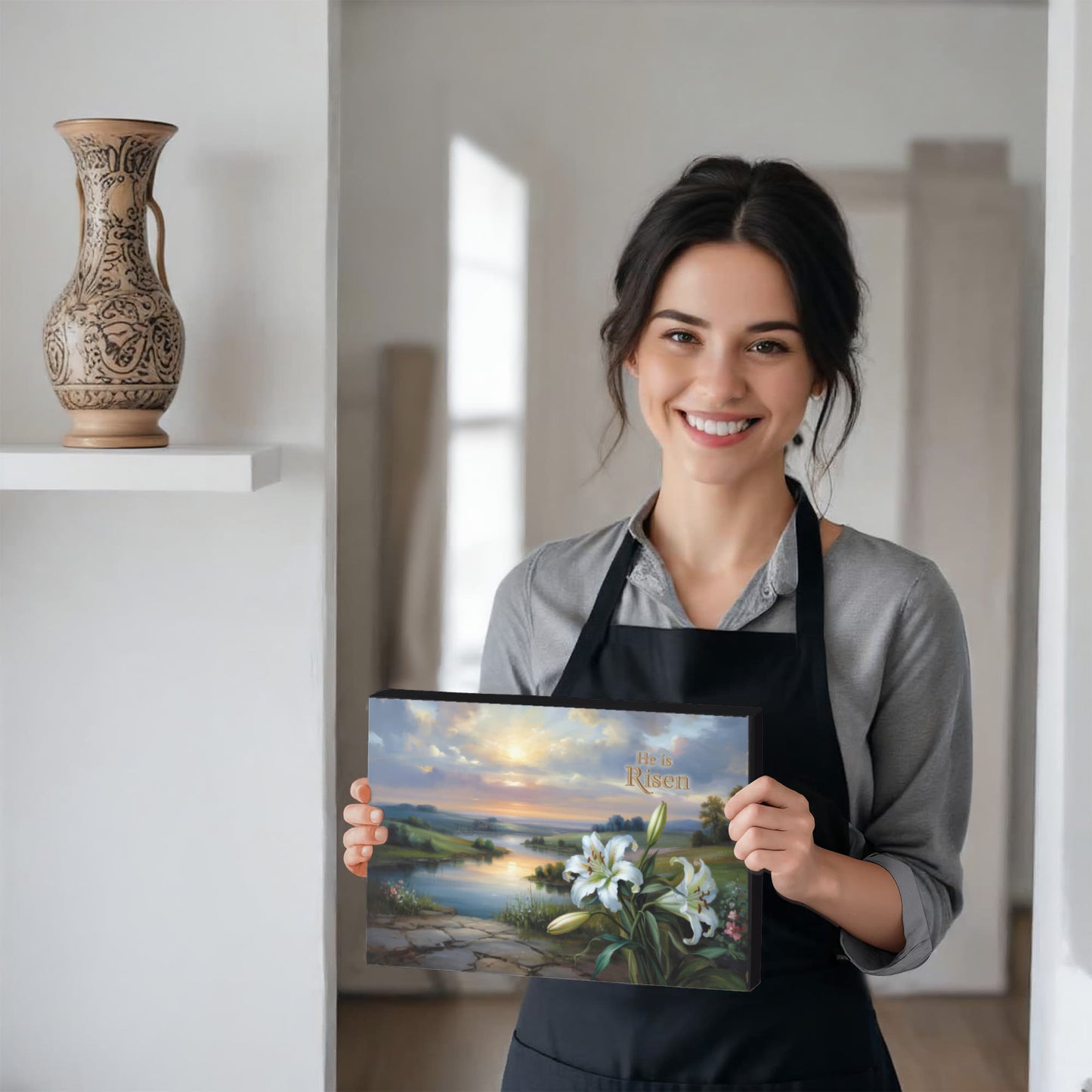 "He is Risen" - A serene sunrise landscape and lilies. Christian Easter wall art, Gallery wrapped Canvas Print