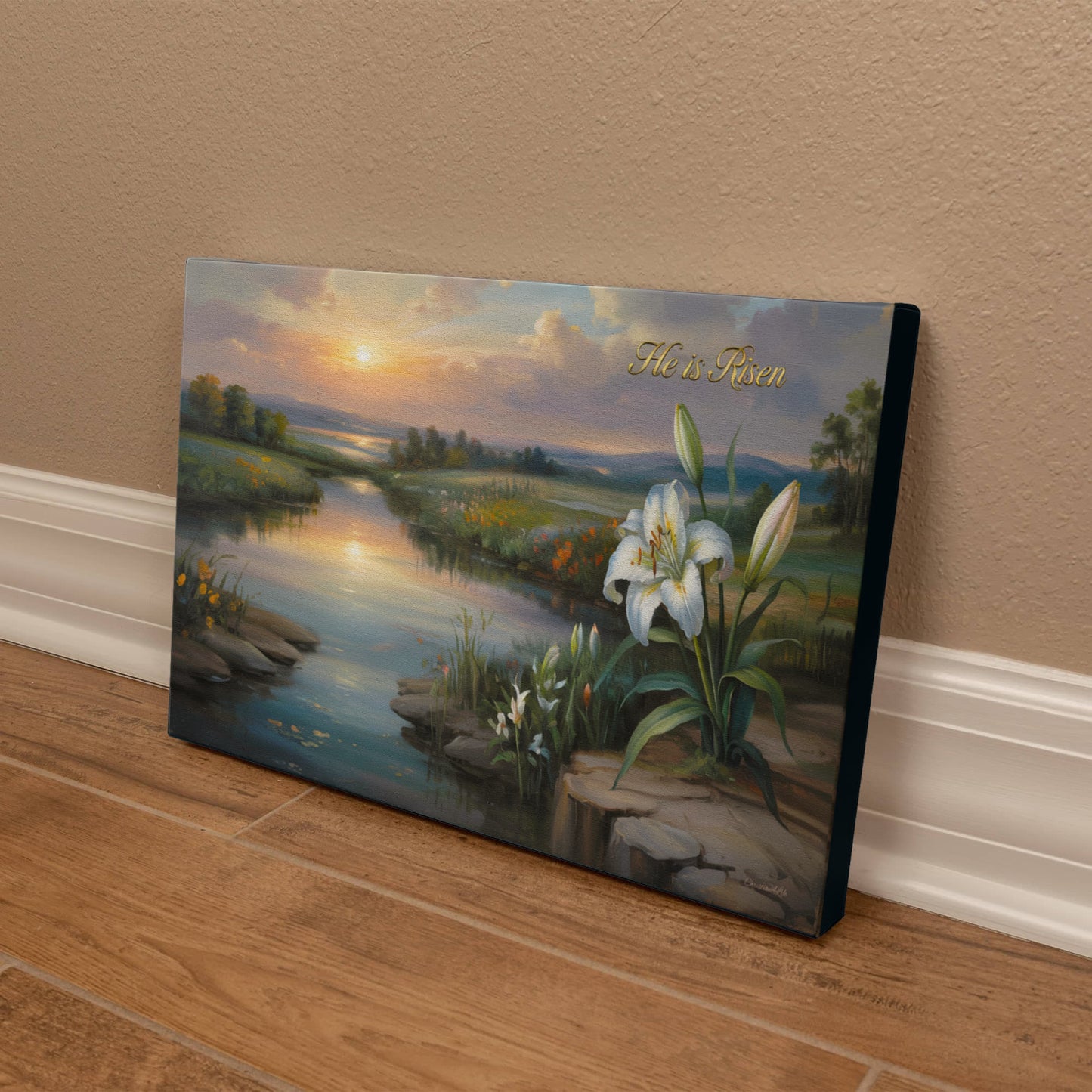 "He is Risen" - A serene sunrise landscape and lilies. Christian Easter wall art, Gallery wrapped Canvas