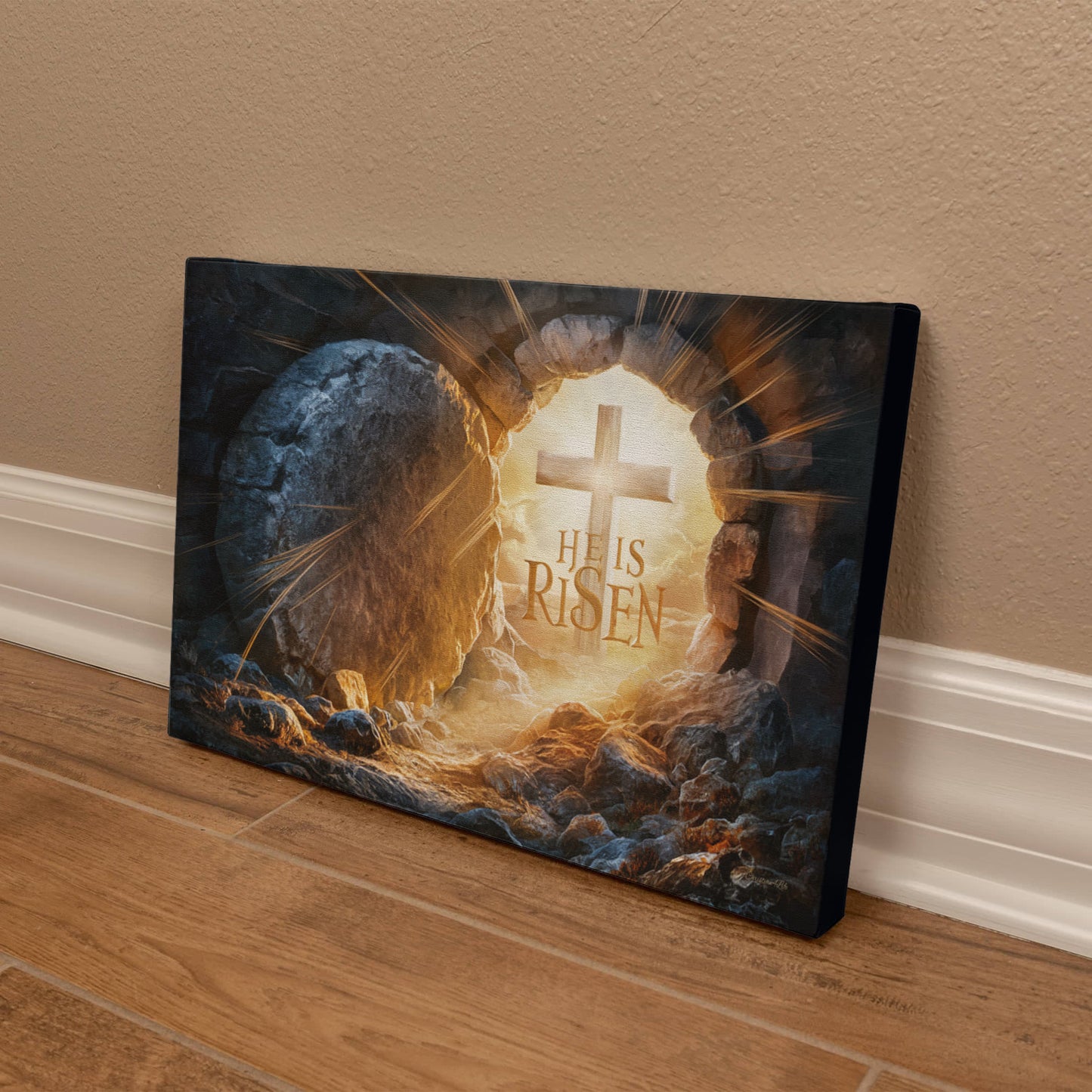 "He is Risen" -Open Tomb and Cross, Christian Gallery Wrapped Canvas, Easter Wall Art