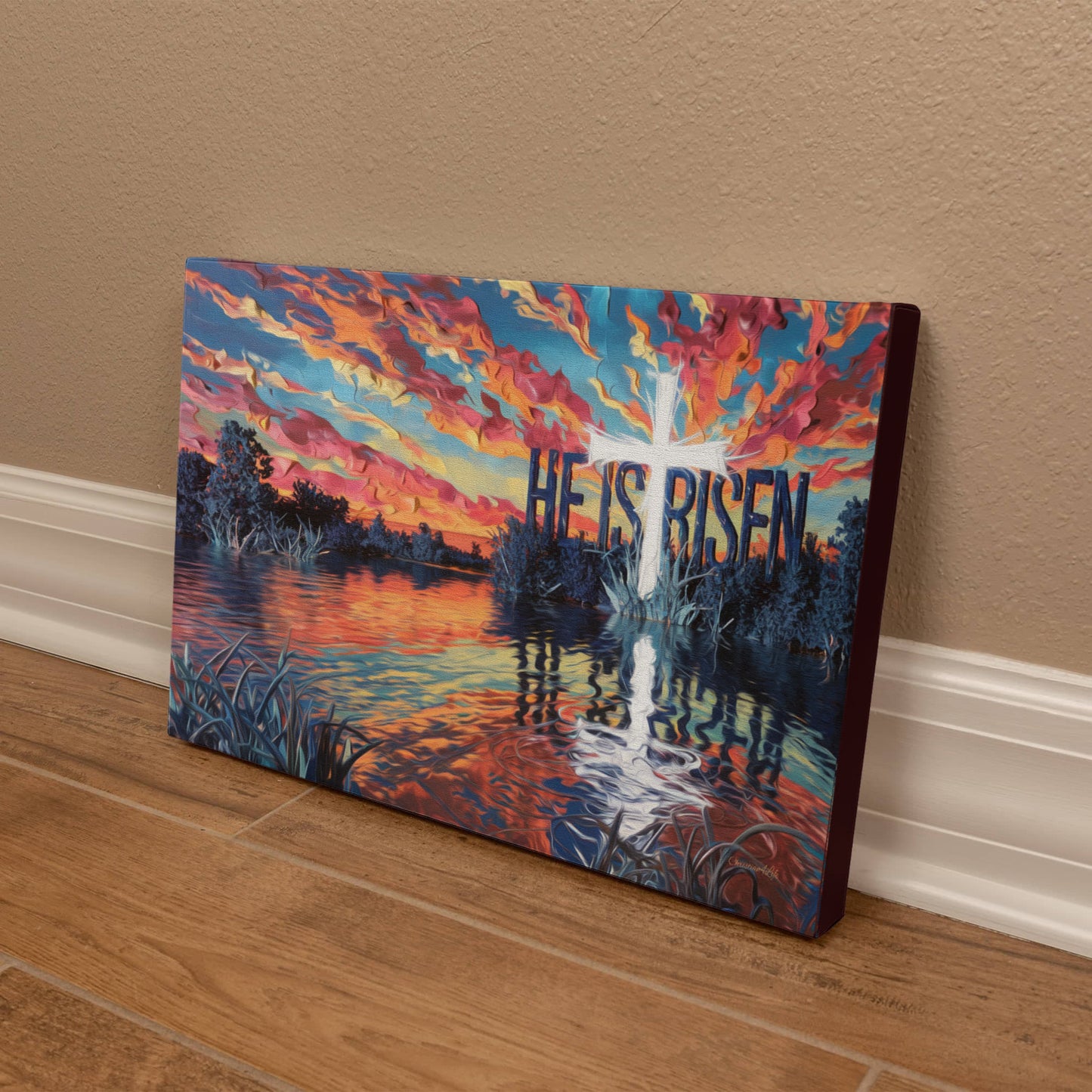 "He Is Risen" - Serene Lake Sunrise Scene with Cross Christian Gallery-Wrapped Canvas