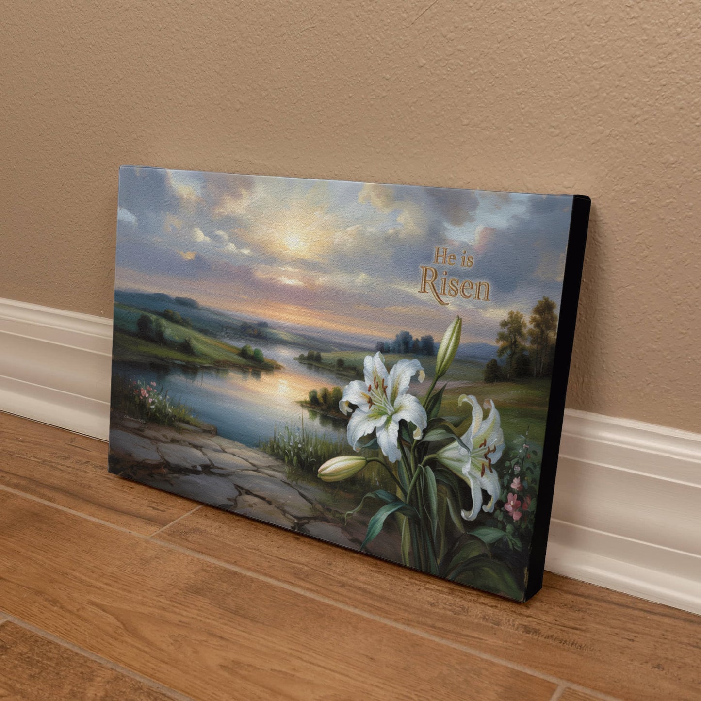 "He is Risen" - A serene sunrise landscape and lilies. Christian Easter wall art, Gallery wrapped Canvas Print