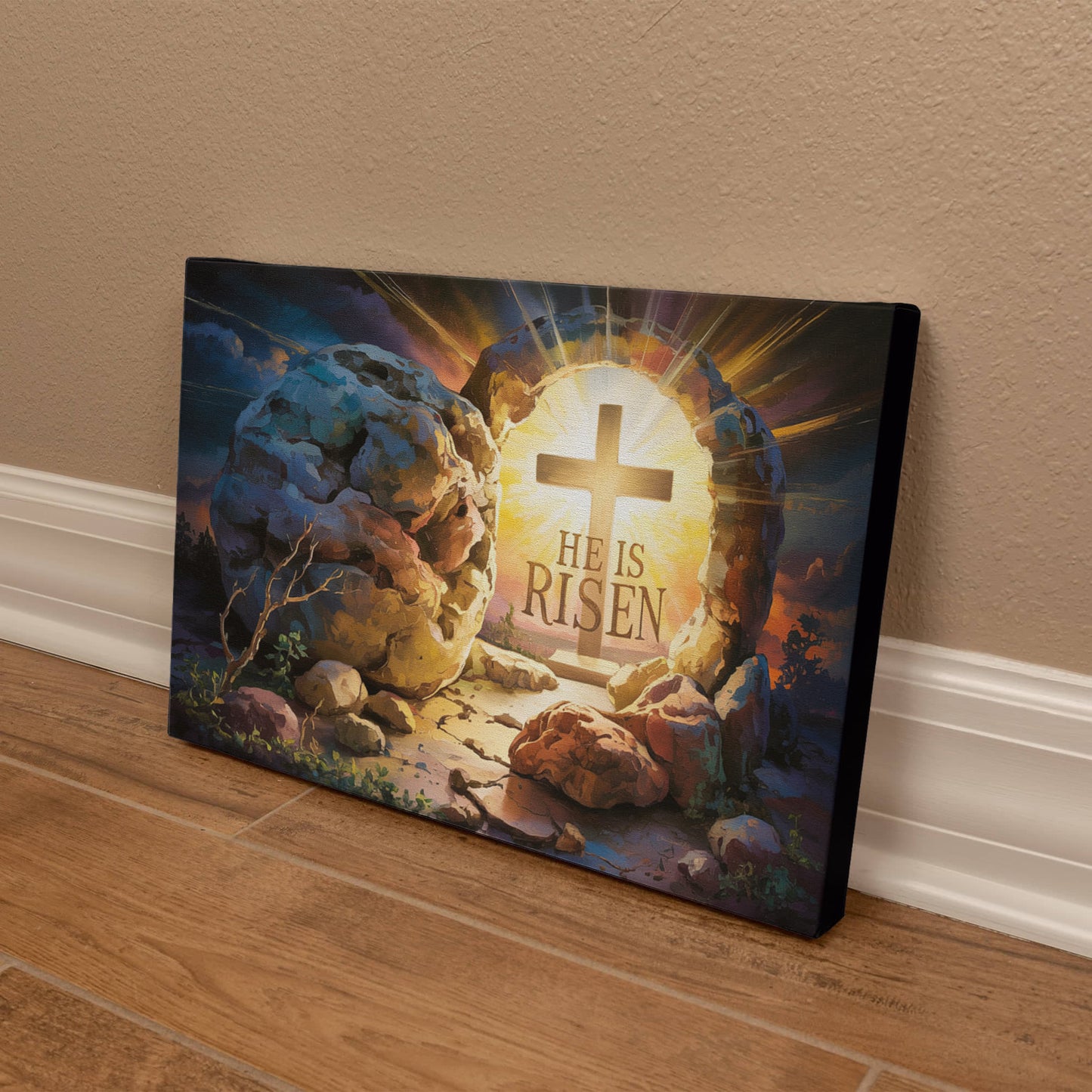 "He is Risen" - Open Tomb and Cross, Christian Gallery Wrapped Canvas, Easter Wall Art Print
