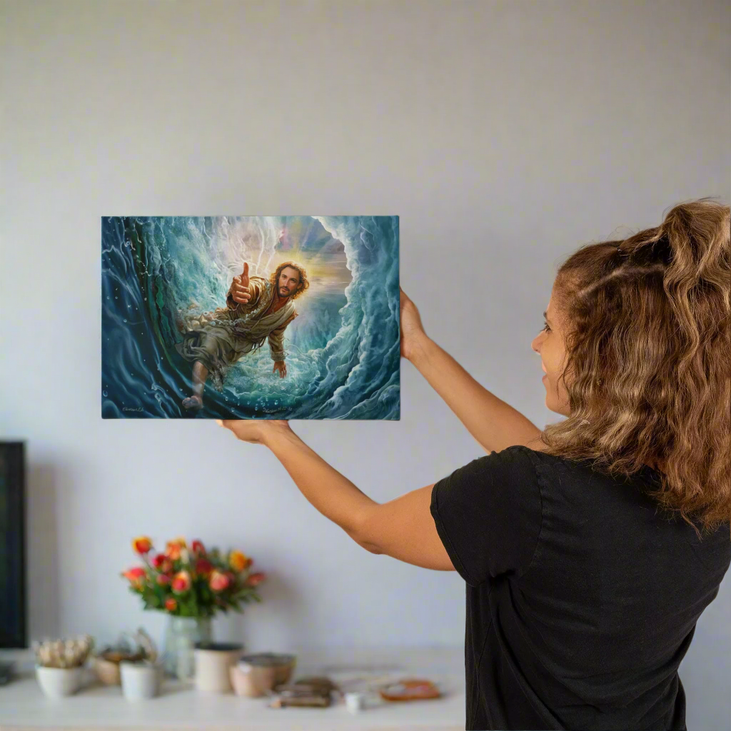Jesus Reaches Down to Rescue and Lift You Out of the Water - Christian Gallery Wrapped Canvas Wall Art Print