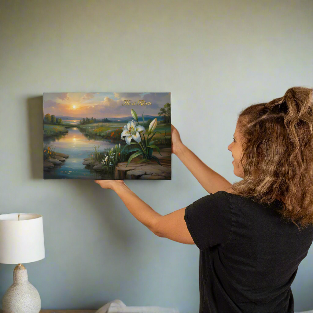 "He is Risen" - A serene sunrise landscape and lilies. Christian Easter wall art, Gallery wrapped Canvas