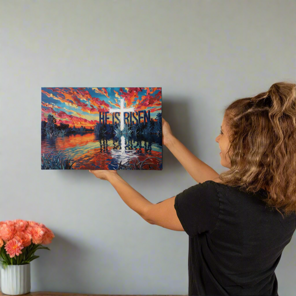"He Is Risen" - Serene Lake Sunrise Scene with Cross Christian Gallery-Wrapped Canvas