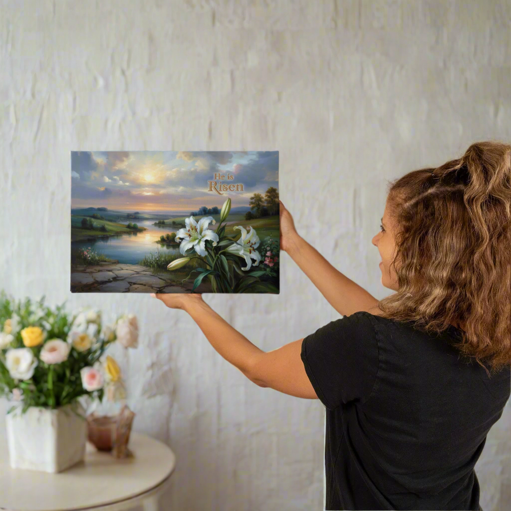 "He is Risen" - A serene sunrise landscape and lilies. Christian Easter wall art, Gallery wrapped Canvas Print