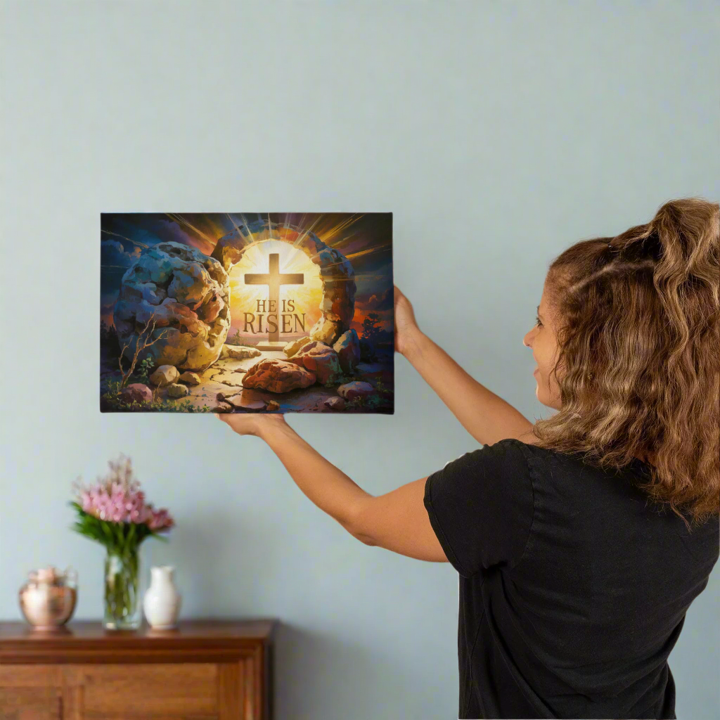 "He is Risen" - Open Tomb and Cross, Christian Gallery Wrapped Canvas, Easter Wall Art Print