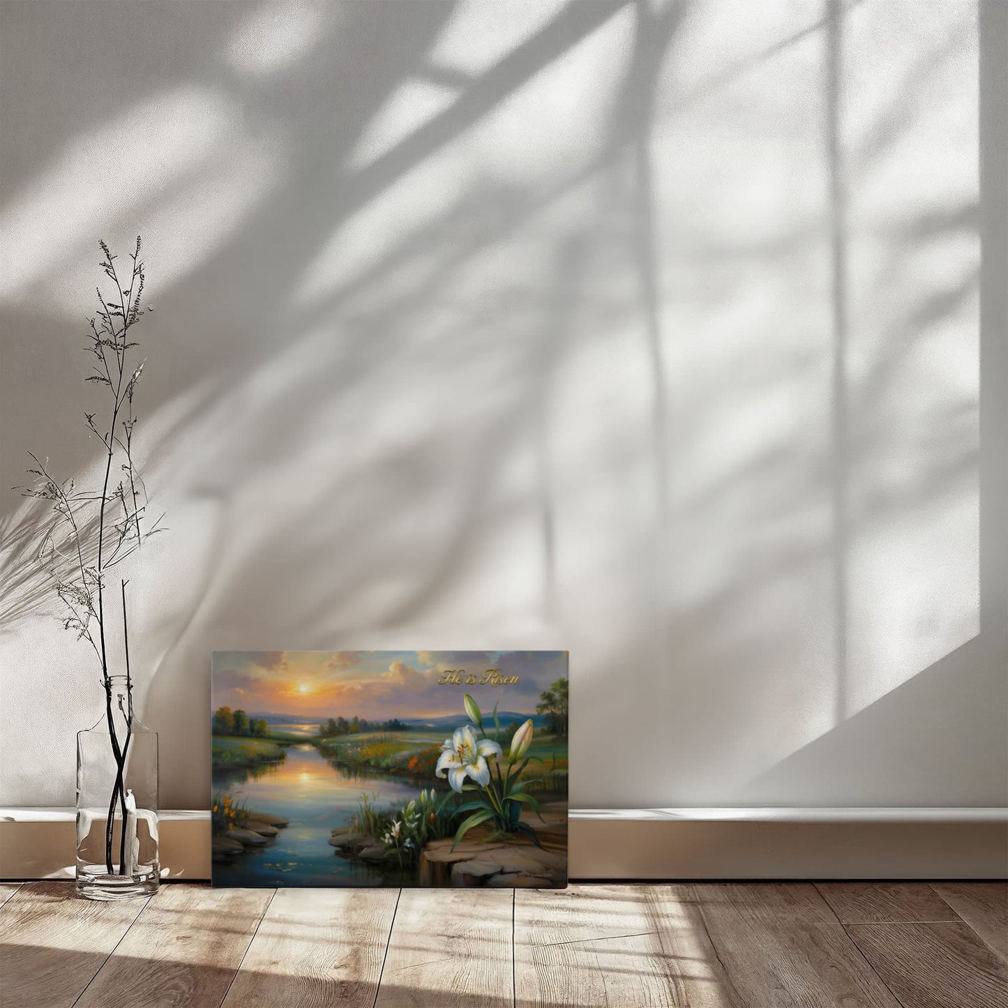 "He is Risen" - A serene sunrise landscape and lilies. Christian Easter wall art, Gallery wrapped Canvas
