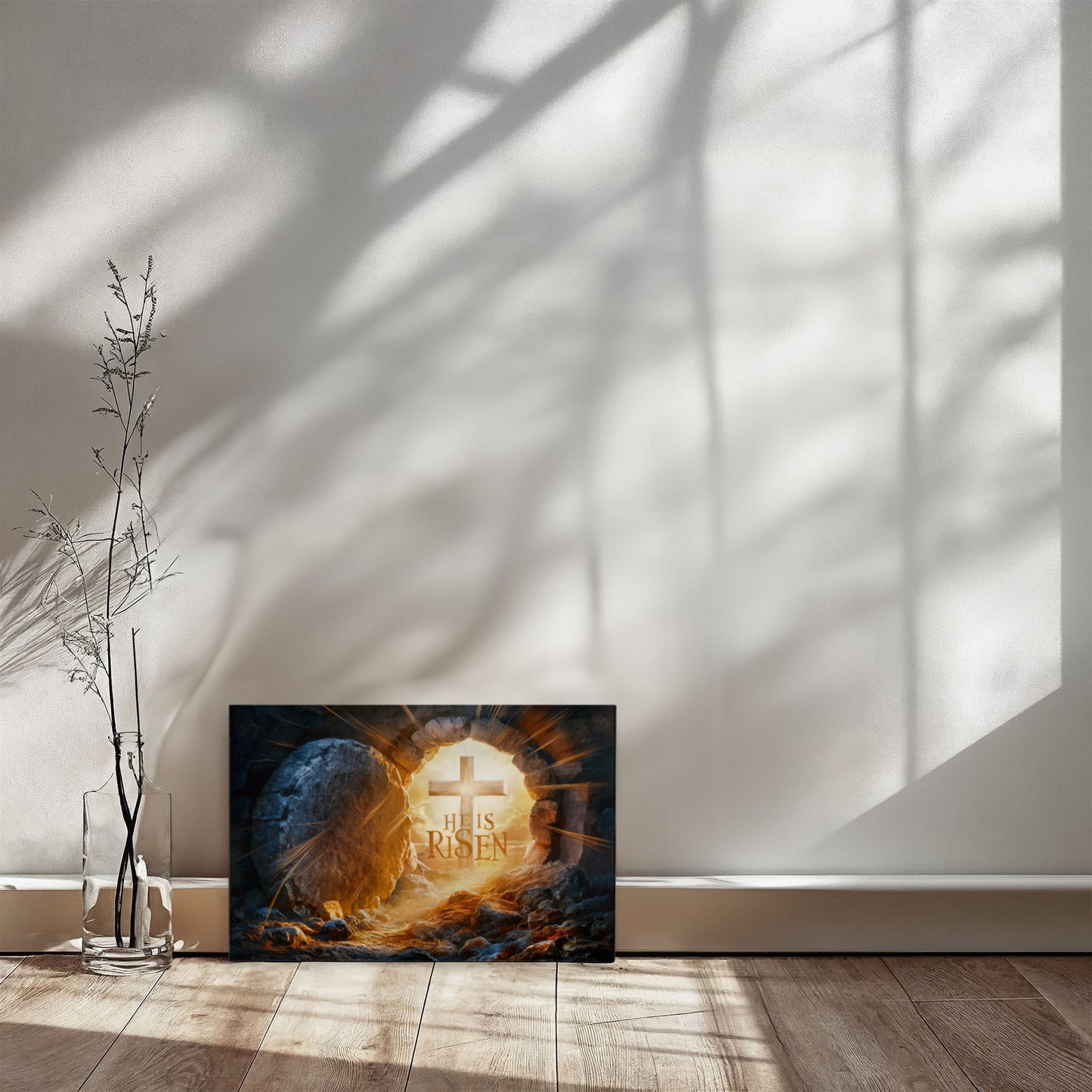 "He is Risen" -Open Tomb and Cross, Christian Gallery Wrapped Canvas, Easter Wall Art