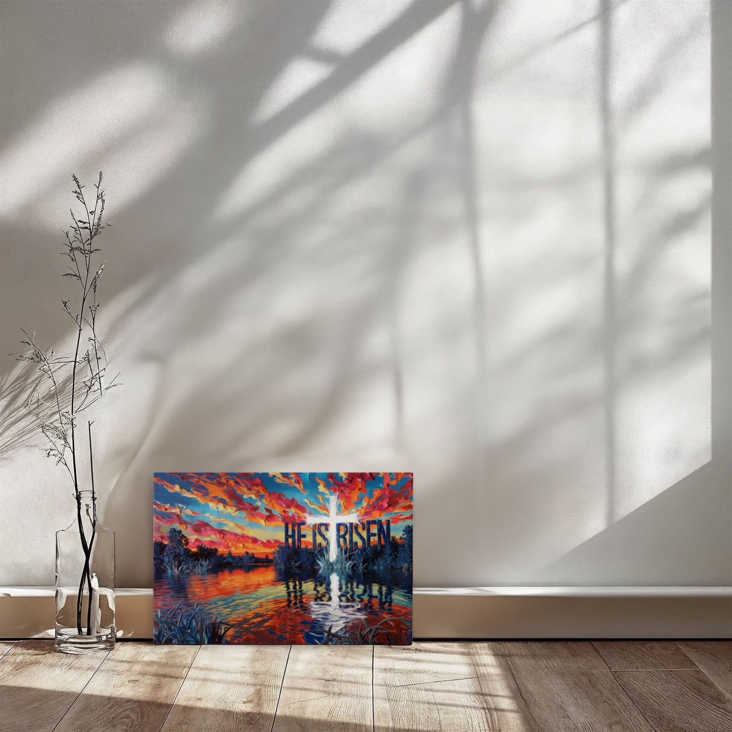 "He Is Risen" - Serene Lake Sunrise Scene with Cross Christian Gallery-Wrapped Canvas