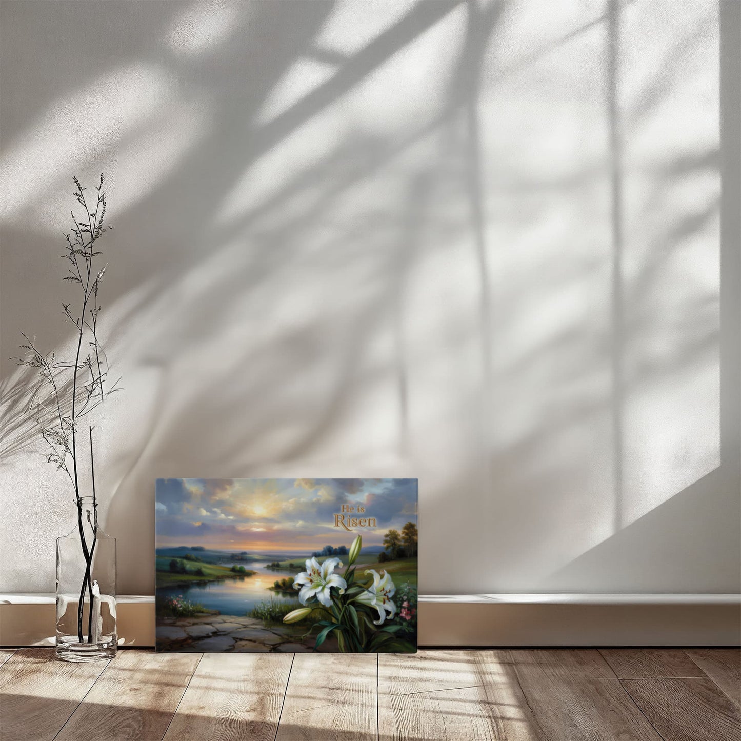 "He is Risen" - A serene sunrise landscape and lilies. Christian Easter wall art, Gallery wrapped Canvas Print