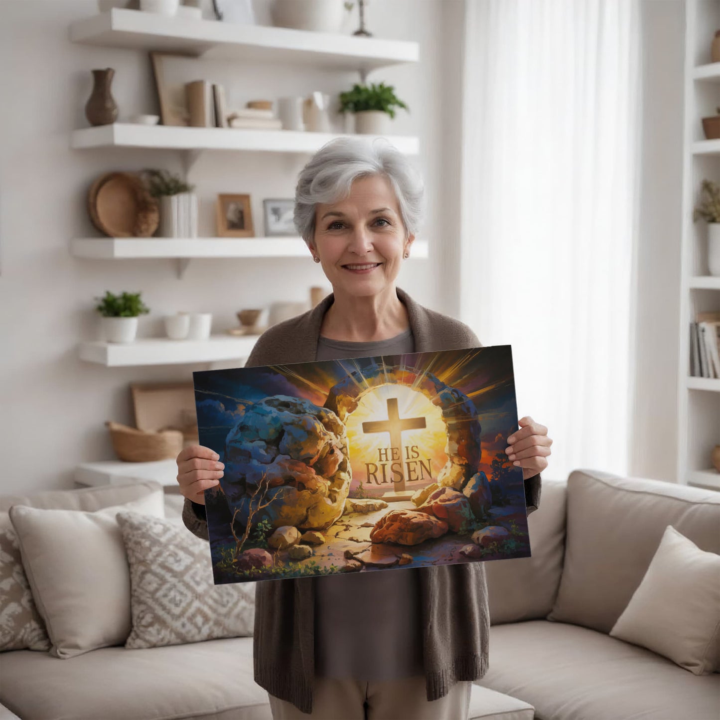"He is Risen" - Open Tomb and Cross, Christian Gallery Wrapped Canvas, Easter Wall Art Print