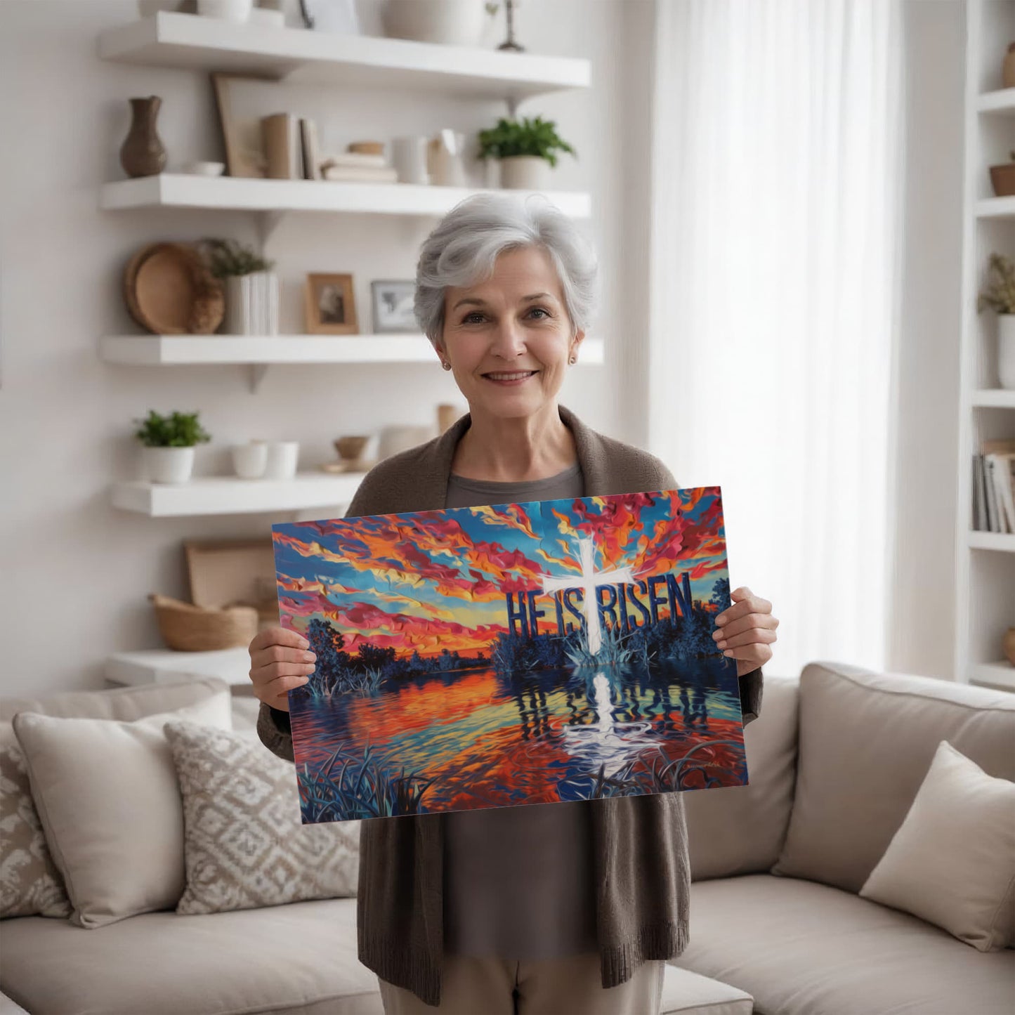 "He Is Risen" - Serene Lake Sunrise Scene with Cross Christian Gallery-Wrapped Canvas