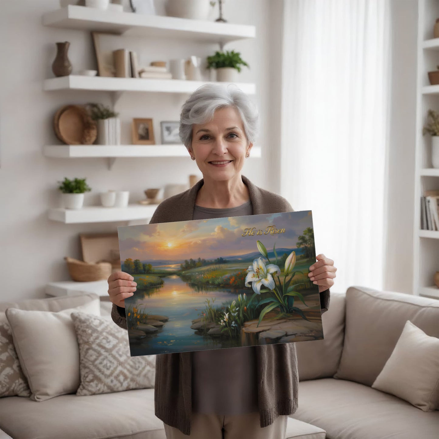 "He is Risen" - A serene sunrise landscape and lilies. Christian Easter wall art, Gallery wrapped Canvas
