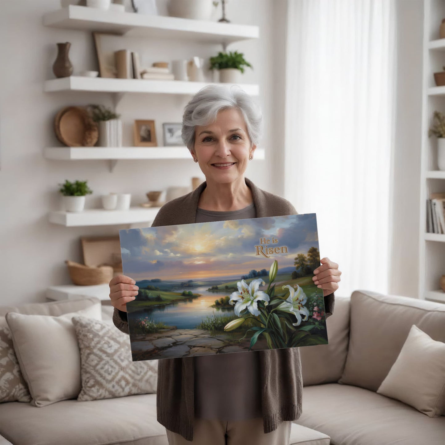 "He is Risen" - A serene sunrise landscape and lilies. Christian Easter wall art, Gallery wrapped Canvas Print