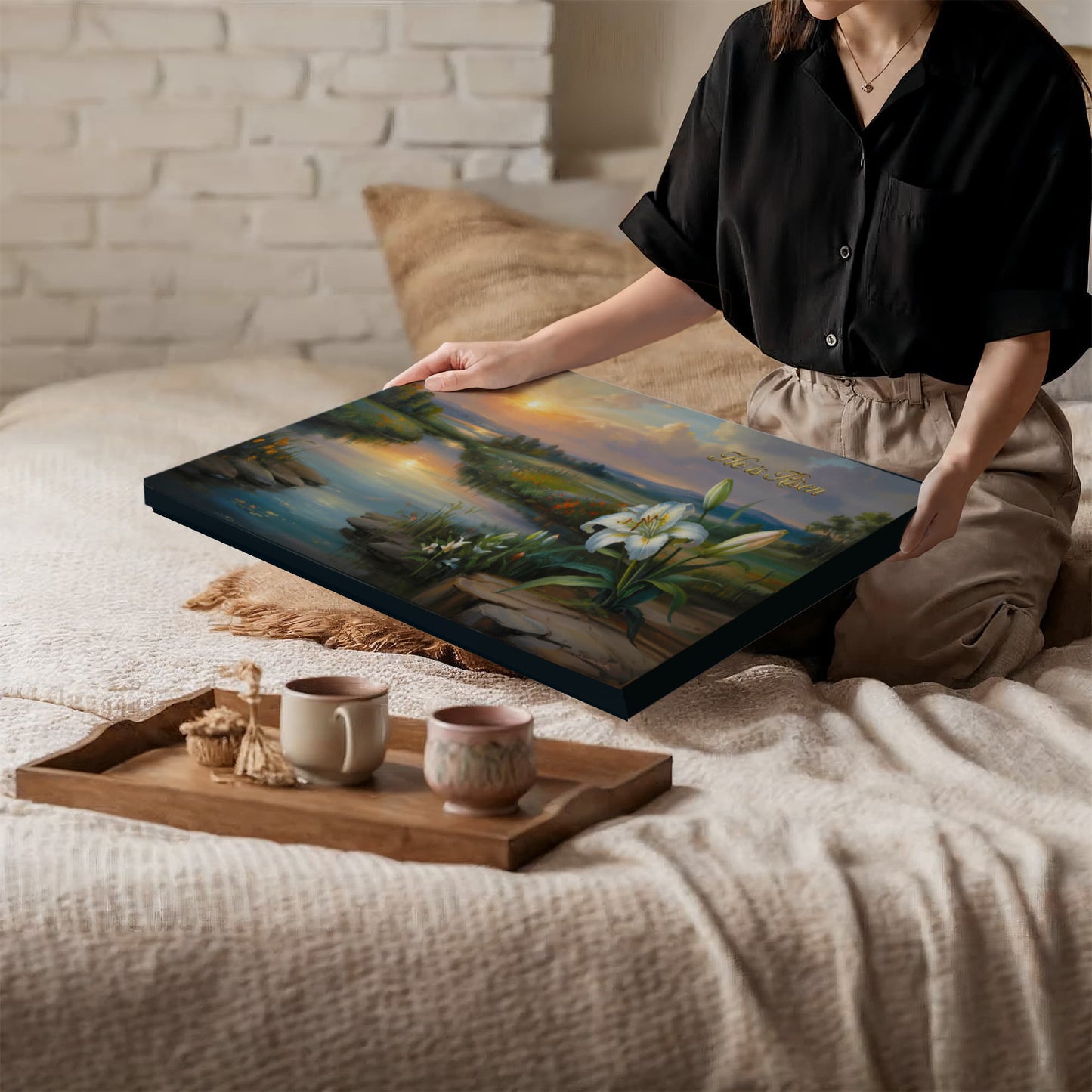 "He is Risen" - A serene sunrise landscape and lilies. Christian Easter wall art, Gallery wrapped Canvas