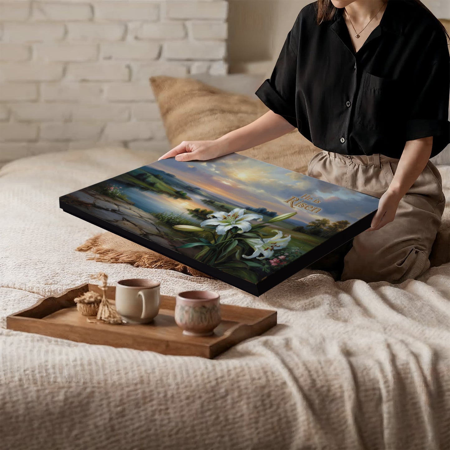 "He is Risen" - A serene sunrise landscape and lilies. Christian Easter wall art, Gallery wrapped Canvas Print