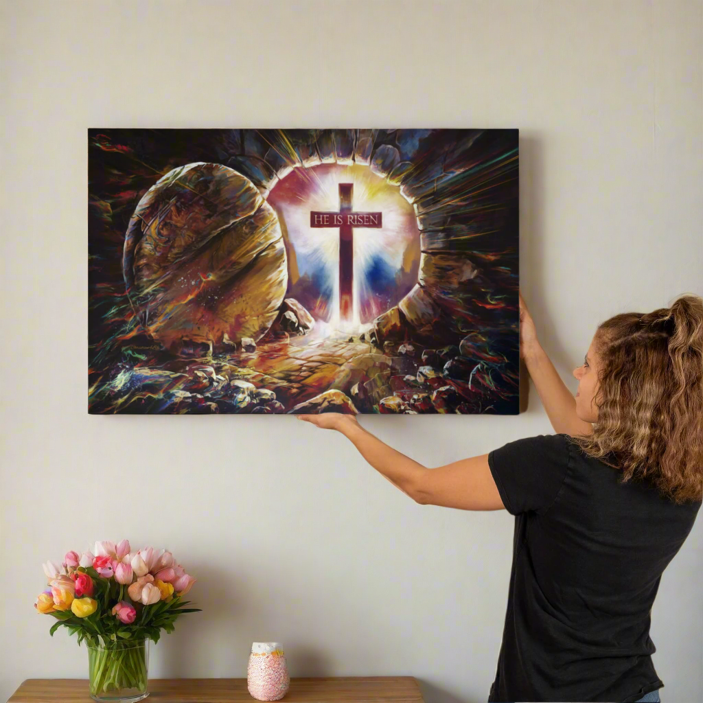 Colorful "He is Risen" Gallery Wrapped Canvas - Jesus Resurrection, Christian Easter Wall Art