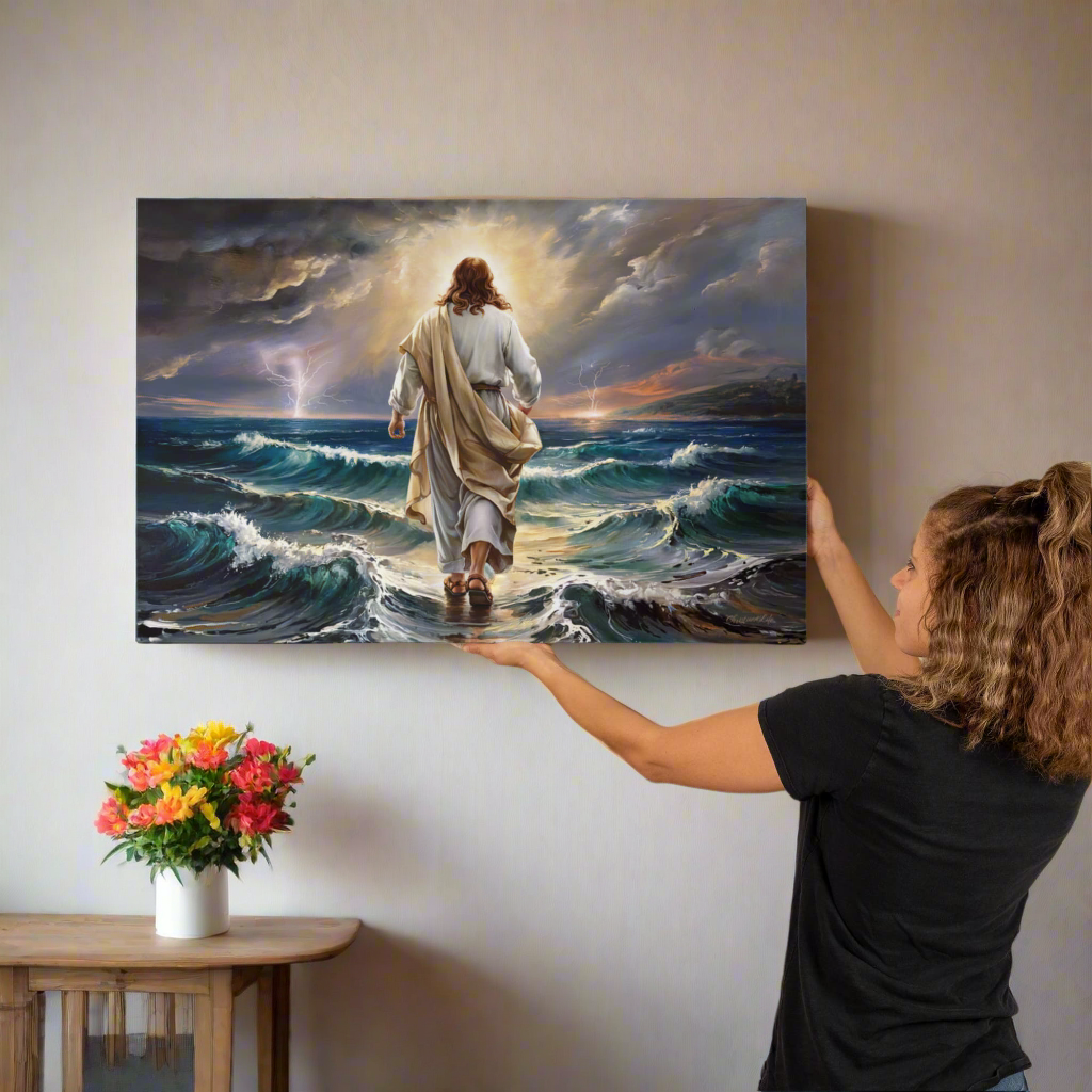 Jesus walking on water gallery-wrapped canvas, Christian Wall Art