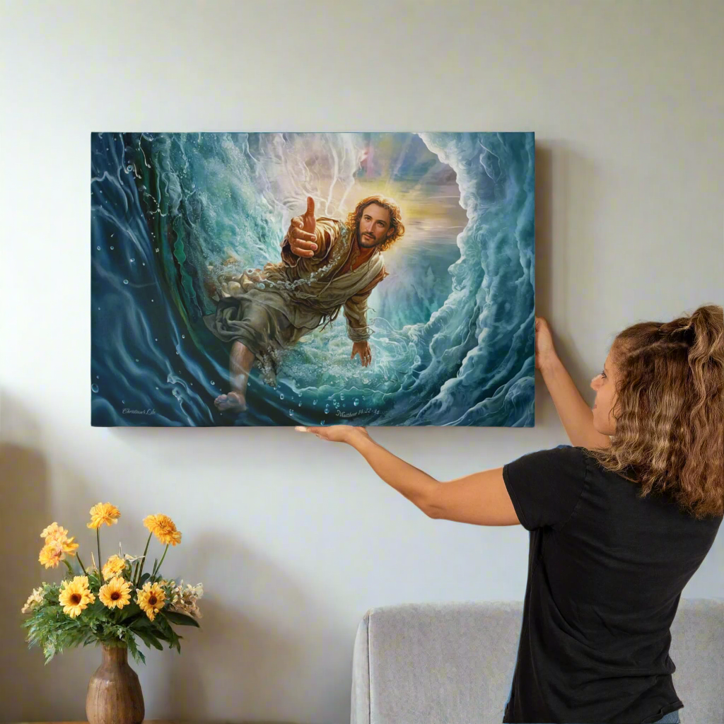 Jesus Reaches Down to Rescue and Lift You Out of the Water - Christian Gallery Wrapped Canvas Wall Art Print